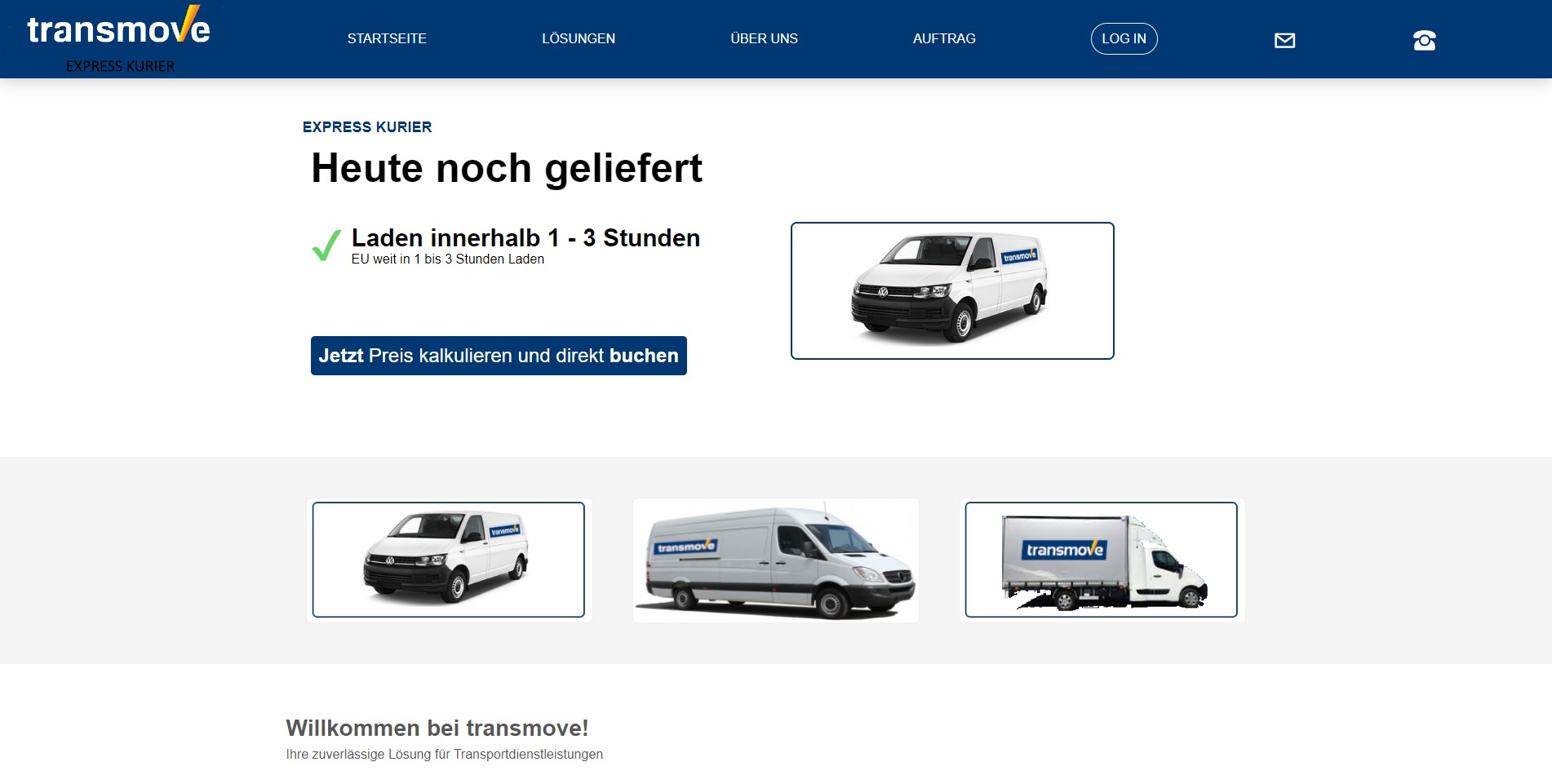 Dies ist die Website von transmove mit einem Preisrechner für den Tranport.